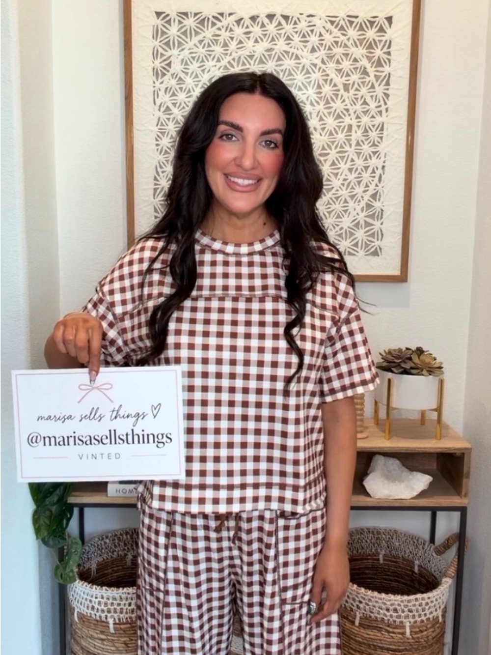 Amazon Brown and White Gingham Short Sleeve Top